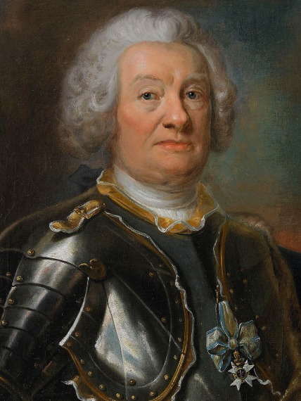 Målning av Cammarherren Hans Hierta, en 1700-talsöverste med pudrat hår och medalj på bröstet. 